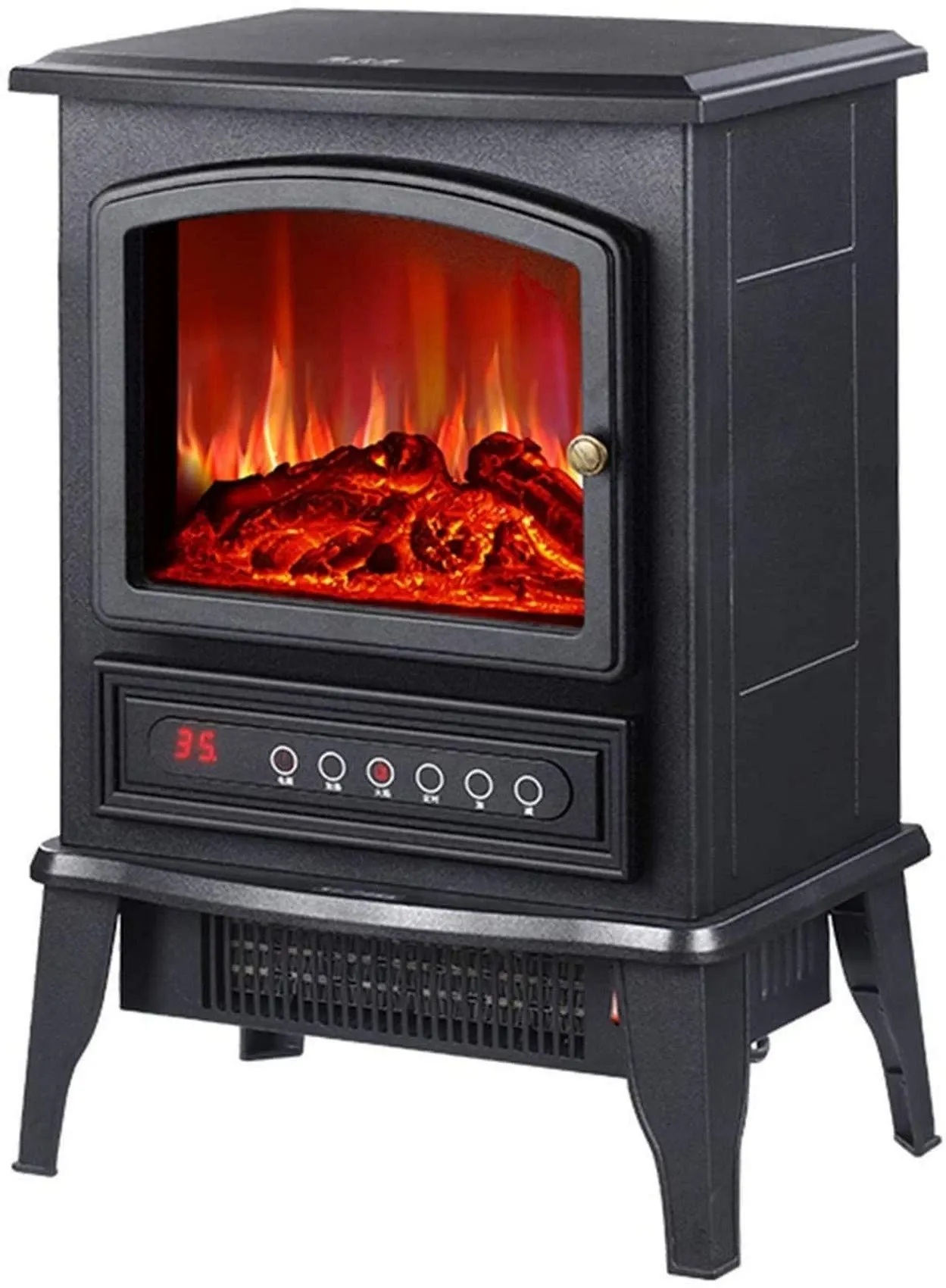 Black freestanding electric stove heater with glowing log-effect fire, control panel and legs on a plain white background.